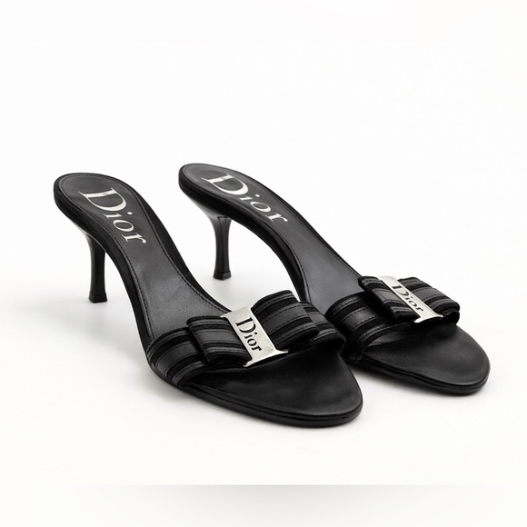 Dior Shoes - Christian Dior Y2K Black Leather Logo Plaque Kitten Heel Mules 39.5 Galliano Era